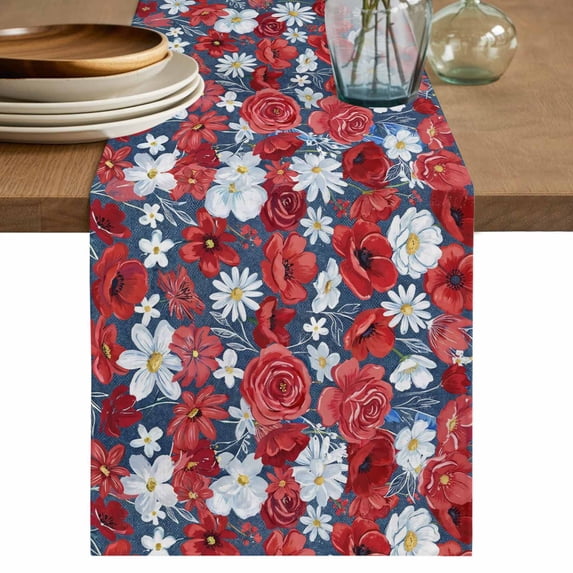 4th of July Floral Table Runner 72 Inches, Blue Red Poppy Patriotic Rustic Bed Runner Dresser Scarves Tabletop for Indoor Outdoor Parties/Ceremony/Banquet, 18" x 72"