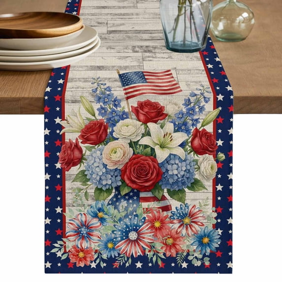 4th of July Floral Table Runner 72 Inches, USA Star Vintage Roses American Star Patriotic Bed Runner Dresser Scarves Tabletop for Indoor Outdoor Parties/Ceremony/Banquet, 16" x 72"