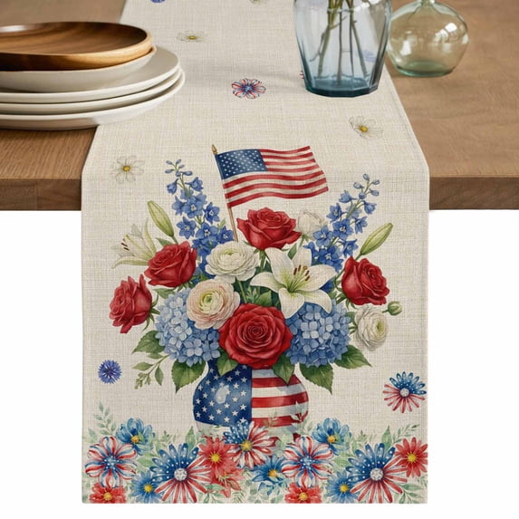 4th of July Floral Table Runner 72 Inches, Vintage Red Blue Roses Patriotic Bed Runner Dresser Scarves Tabletop for Indoor Outdoor Parties/Ceremony/Banquet, 14" x 72"