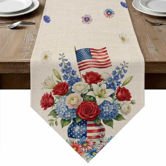 4th of July Floral Table Runner Linen Burlap Table Runner 70 Inches ...