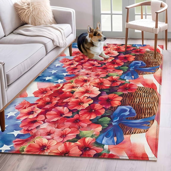 4th of July Flower Area Rug 4x6 Washable Rug Non Slip Poppy Patriotic Red Blue USA Flag Large Area Rug Indoor Floor Carpet for Entryway Bedroom Kitchen Living Room Home Office Dining Room Nursery