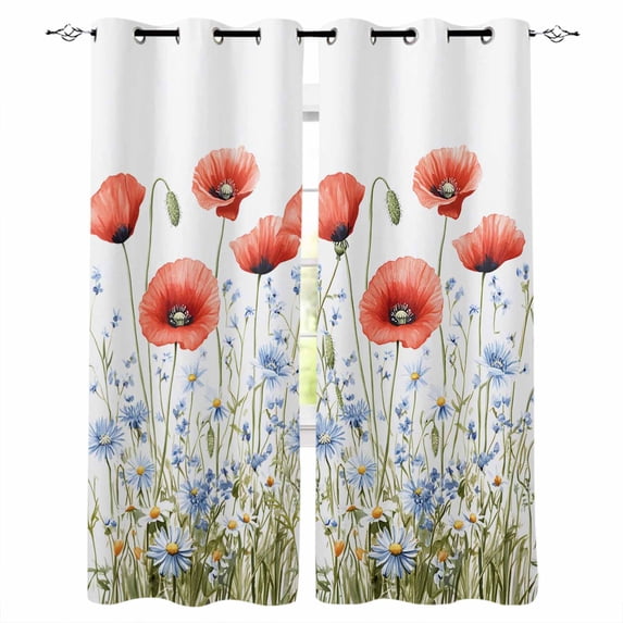 4th of July Flower Kitchen Curtains Patriotic Red Blue Poppy Floral Daisy Cafe Short Curtains for Bathroom Blackout Window Curtain Small Window Treatment Drapes for Bedroom Living Room 42"x45"x2