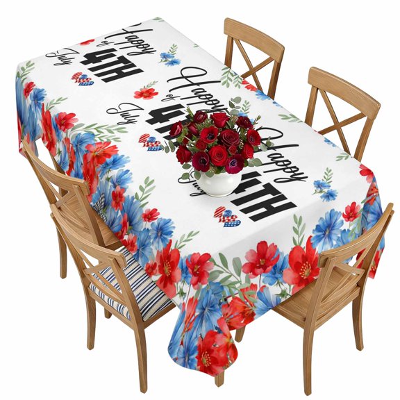 4th of July Flower Rectangle Tablecloth 54 x 108 Patriotic Floral Love Heart Waterproof & Stain Resistance Table Cloth Decorative Fabric Table Cover for Dinning/Party/Buffet/Banquet