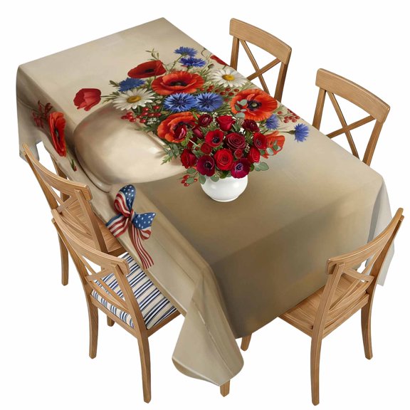 4th of July Flower Rectangle Tablecloth 54 x 108 Patriotic Floral Star and Stripe Bow Waterproof & Stain Resistance Table Cloth Decorative Fabric Table Cover for Dinning/Party/Buffet/Banquet