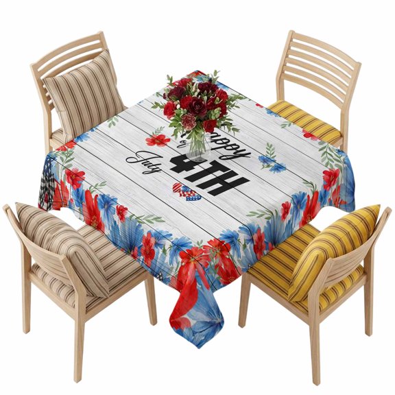4th of July Flower Square Tablecloth 60 x 60 Inches Patriotic Floral Wood Grain Waterproof & Stain Resistance Table Cloth Decorative Fabric Table Cover for Dinning/Party/Buffet/Banquet