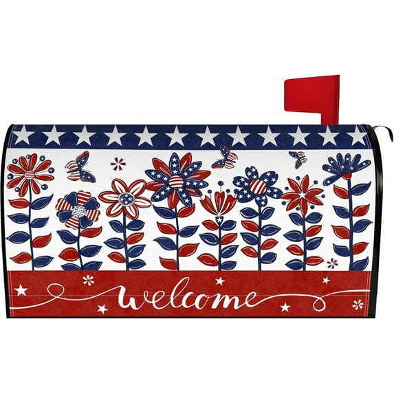 4th of July Flowers Mailbox Cover 21x18 Inch, Independence Day Floral Post Letter Box Covers, American Flag Patriotic Magnetic Waterproof Mail Wraps for Outdoor Yard Garden Standard Mailbox Decor