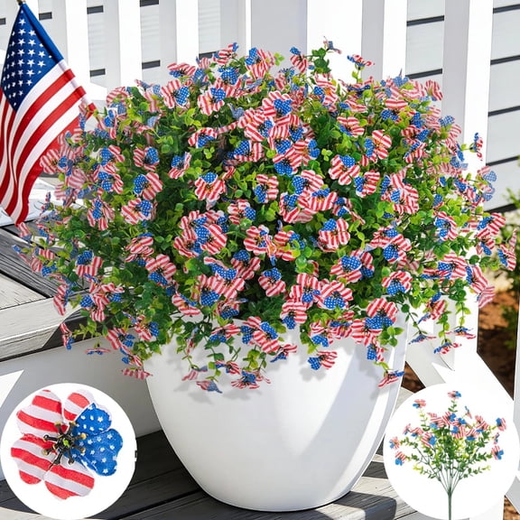 4th of July Flowers for Porch: 12 Pcs American Flag Fake Flower with Star Stripe for Outdoors Planters - Patriotic Artificial Floral Plants America 250 Anniversary Outside Window Box Decoration