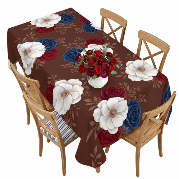4th of July Flowers Rectangle Tablecloth 54 x 108 Patriotic Floral Celebration Brown Waterproof & Stain Resistance Table Cloth Decorative Fabric Table Cover for Dinning/Party/Buffet/Banquet