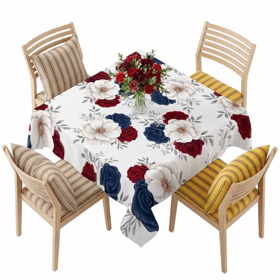 4th of July Flowers Square Tablecloth 60 x 60 Inches Patriotic Floral Celebration Waterproof & Stain Resistance Table Cloth Decorative Fabric Table Cover for Dinning/Party/Buffet/Banquet