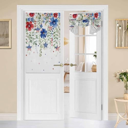 4th of July French Door Curtains for Windows, Red Blue Flower Leaf Star ...