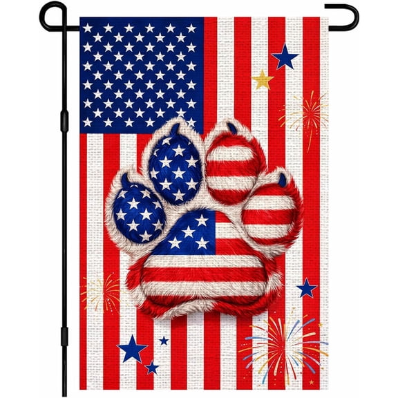 4th of July Furry Paw Print Stars Stripes Fireworks Garden Flag 12x18 Vertical Double Sided Memorial Day Independence Day Holiday Outside Decorations Burlap Yard Flag
