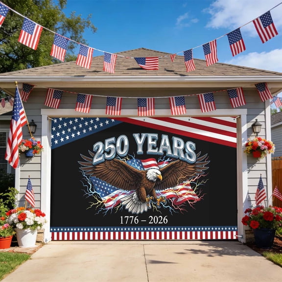 4th of July Garage Door Cover 7 x 16 ft Eagle Stars and Stripes 250th Anniversary Garage Door Banner Backdrop Decorations Indoor Outdoor Large Wall Banner Decor for Holiday, Party