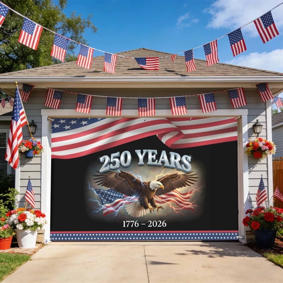 4th of July Garage Door Cover 7 x 16 ft Stars and Stripes Patriotic Eagle Animal Garage Door Banner Backdrop Decorations Indoor Outdoor Large Wall Banner Decor for Holiday, Party