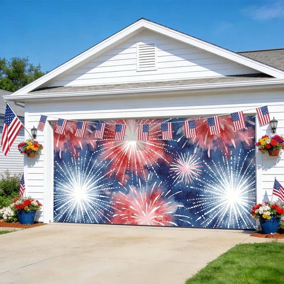 4th of July Garage Door Cover Banner 6 x 13 FT,Independence Day Patriotic Fireworks Red Blue Garage Door Curtains Backdrop with Grommets for Indoor Outdoor Wall Party Porch Yard Decor Background