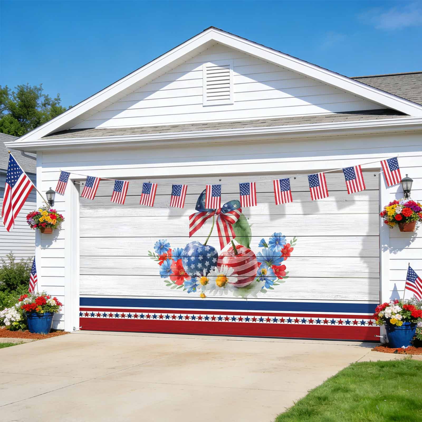 4th of July Garage Door Cover Banner 7 x 16 FT, Vintage Floral Blue Red ...