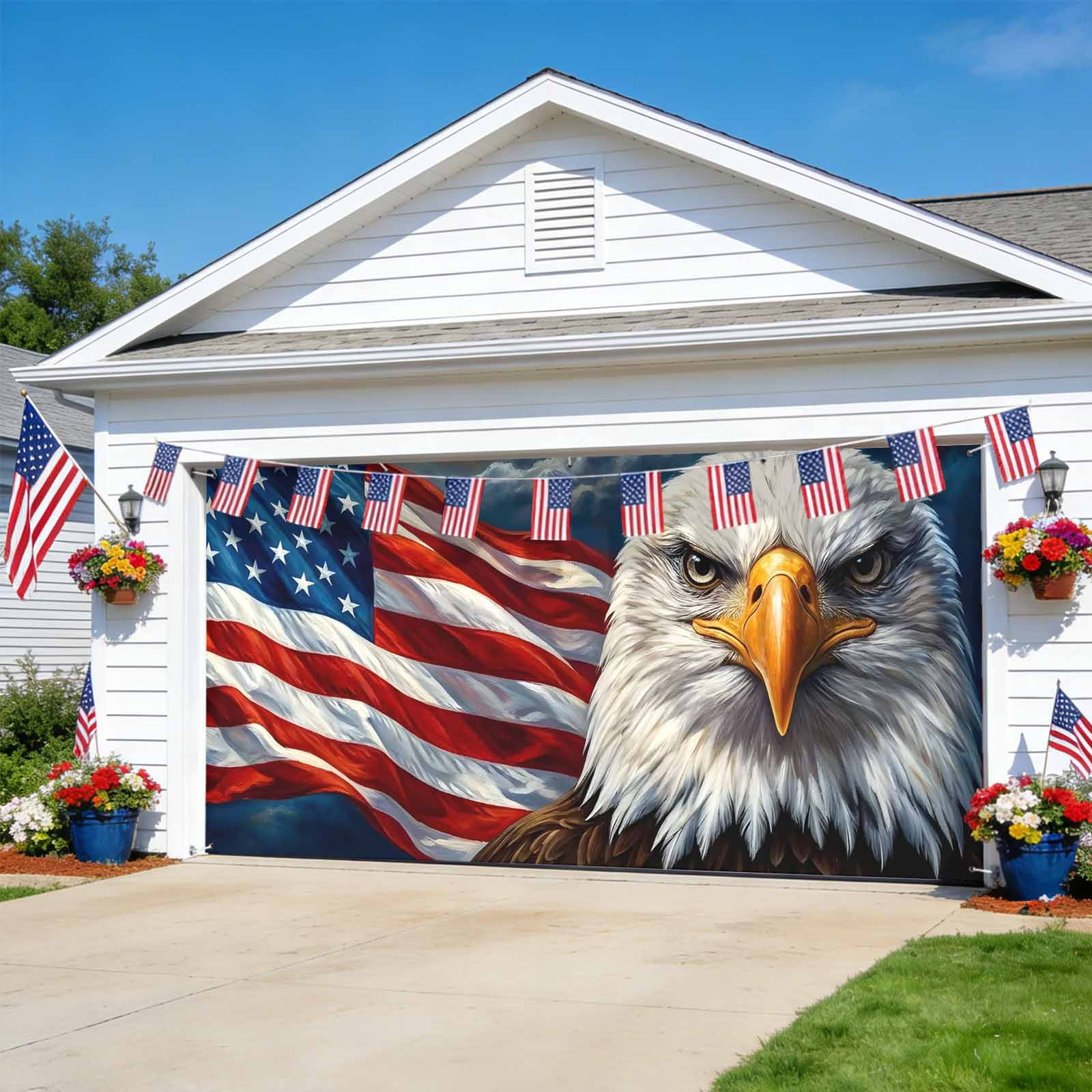 4th of July Garage Door Cover Banner 7 x 8 FT, Eagle American Flag Independence Day Garage Door Curtains Backdrop with Grommets for Indoor Outdoor Wall Party Porch Yard Decorations Background