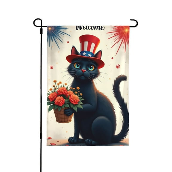 4th Of July Garden Flag 12.5x18 Double Sided, Small Burlap Welcome Patriotic Black Cat Garden Yard House Flags For Memorial Veterans Independence Day Outdoor Decor (ONLY FLAG)1 Flag