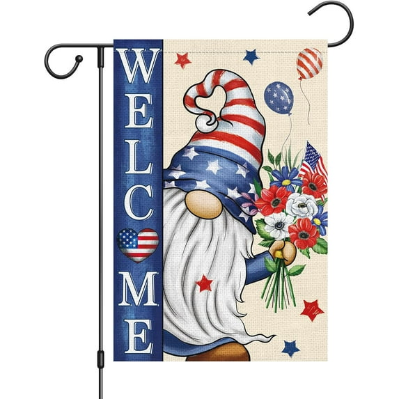 4th of July Garden Flag 12.5x18 Double Sided, Vertical Burlap Gnome Floral Welcome Patriotic Garden Flag Memorial Day Independence Day Outside Holiday Yard Decoration