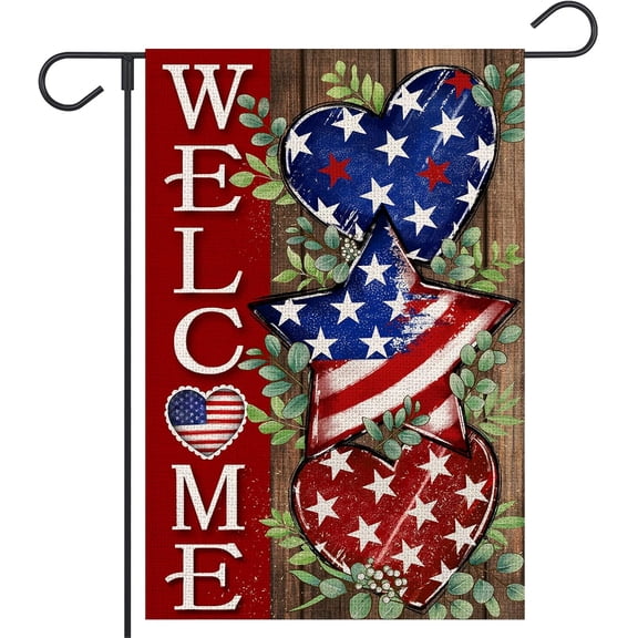 4th of July Garden Flag 12x18 Inch Double Sided Outside Burlap Glag Red Patriotic American Stars Hearts Independence Day Welcome Holiday Yard Outdoor Decoration
