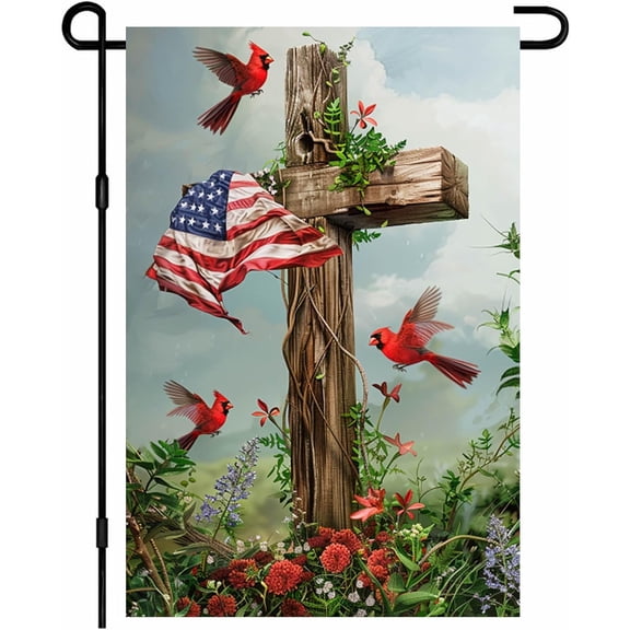 4th of July Garden Flag 12x18 Inch Rustic Wooden Cross American Flag Draped Three Cardinal Birds Vines Wildflower Meadow Double Sided Small USA Stars Stripes Yard Flag Seasonal Outdoor Decoration for