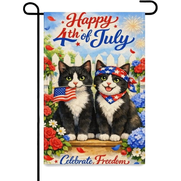 4th of July Garden Flag 12x18Inch,Funny Tuxedo Cat Patriotic American Flag Independence Day Yard Decor Double Sided Summer Outdoor Lawn Banner Celebrate Freedom Holiday