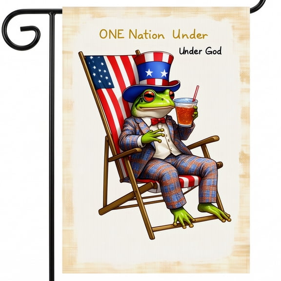 4th July Garden Flag: A Frog Sitting In A Deck Chair Holding A Drink. ONE Nation Under Under God House Flags For Home Decorations 28x40 Inch Jul4
