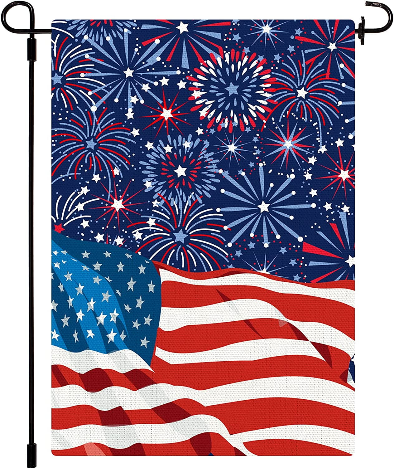 4th of July Garden Flag Patriotic American Flag Fireworks Yard Flags Double-Sided Red Blue White Holiday Outdoor Decor for Independence Day Lawn Patio Decoration, 12.5 x 18 Inch