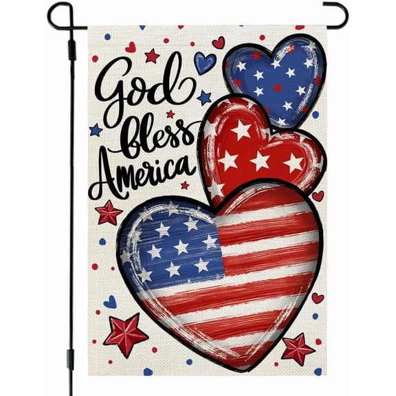4th of July Garden Flag Patriotic Hearts Double Sided 12x18 Inches for Outside Small Burlap Independence Memorial Veterans Day Holiday Yard Decoration CF1815-12