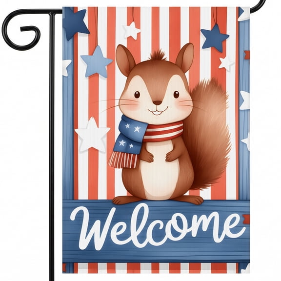 4th of July Garden Flag Squirrel Wearing Scarf Standing In Front Of Welcome Sign. Welcome 250th Anniversary of America 28x40 Inch Display Size July 4th Home Decorations