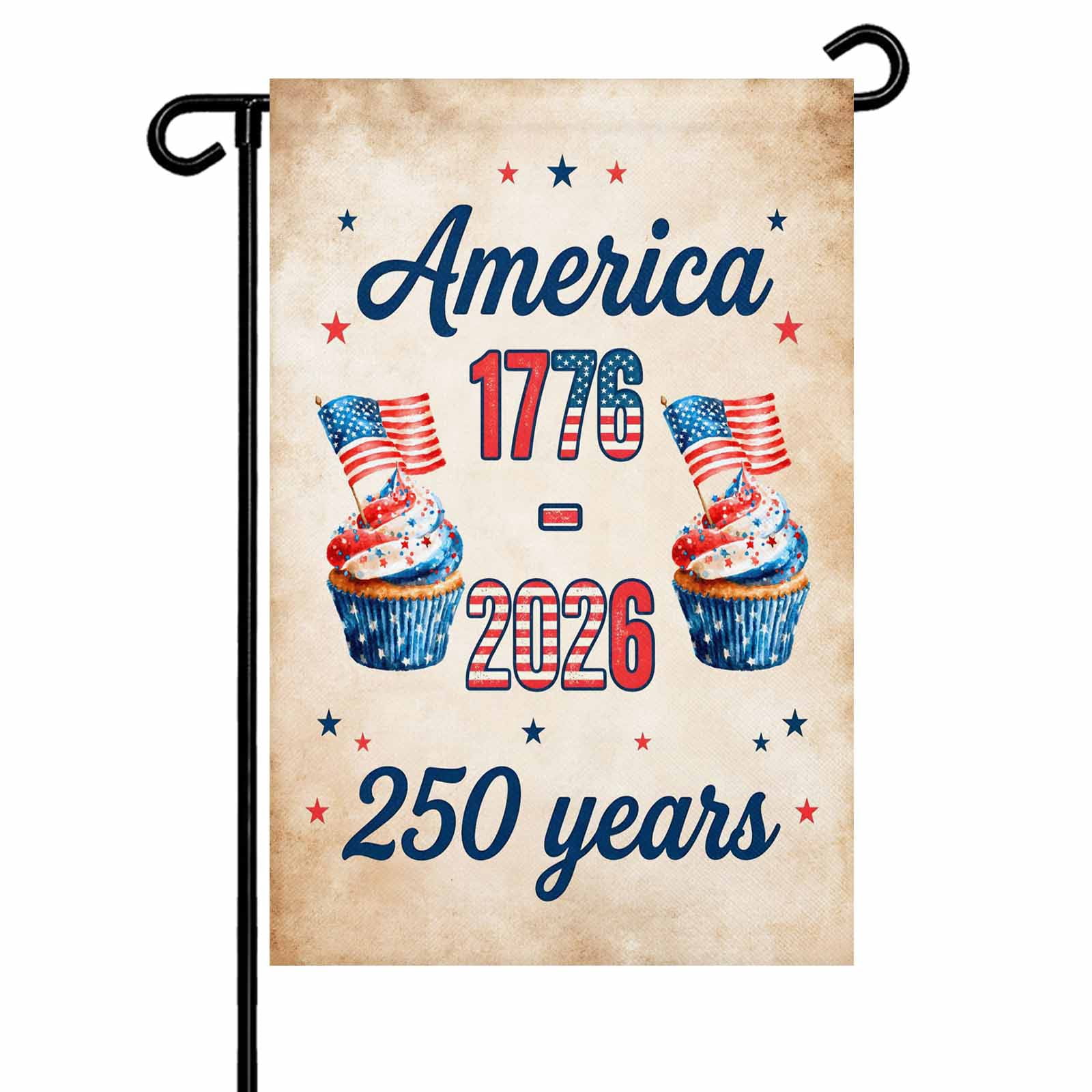 4th of July Garden Flags America 250 Years Garden Flag Double Sided Welcome Flag Cupcakes USA Flag Retro Independence Day Yard Flags for Outdoor Lawn Porch Memorial Day Holiday Decor 28x40 Inch