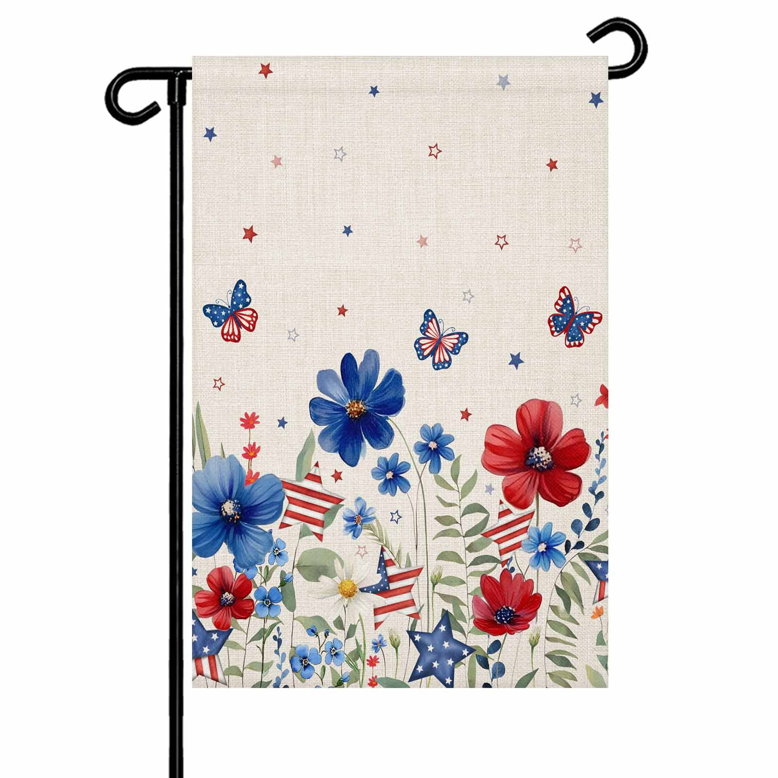 4th of July Garden Flags American Flag Butterfly Garden Flag Double Sided Welcome Flag Red Blue Flowers Linen Independence Day Yard Flags for Outdoor Lawn Porch Memorial Day Holiday Decor 28x40 Inch