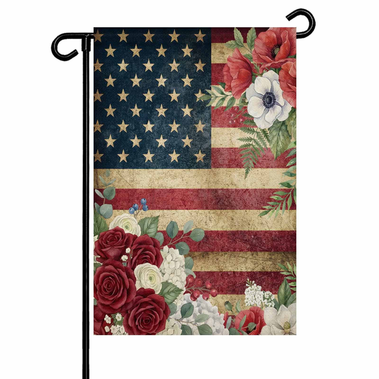 4th of July Garden Flags Patriotic American Flag Garden Flag Double Sided Welcome Flag Retro Berry Flower Leaves Independence Day Yard Flags for Outdoor Lawn Porch Memorial Day Decor 28x40 Inch