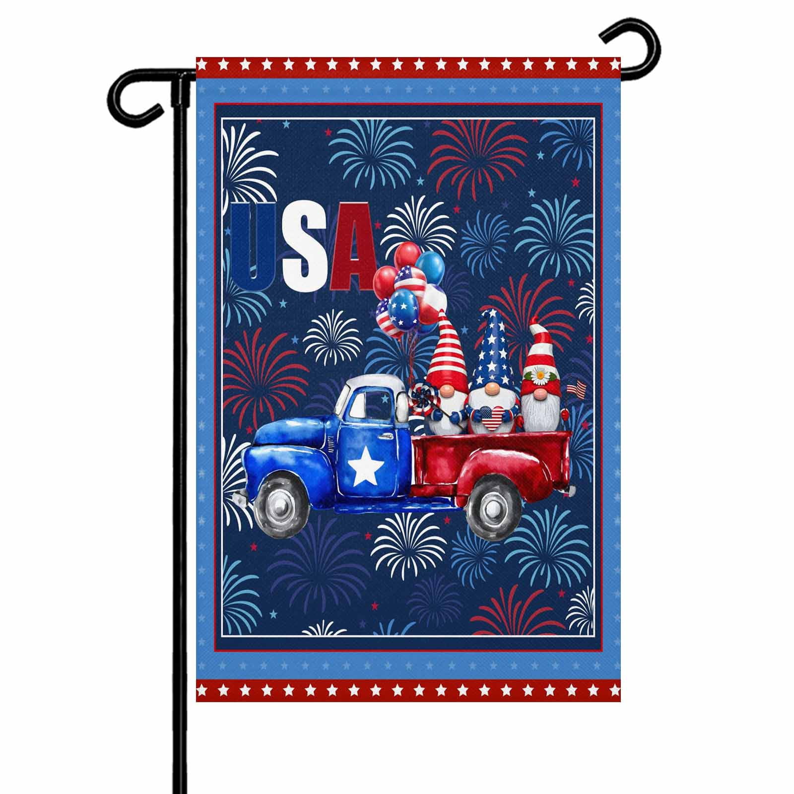 4th of July Garden Flags Patriotic Gnome Truck Garden Flag Double Sided Welcome Flag USA Flag Stars Balloon Independence Day Yard Flags for Outdoor Lawn Porch Memorial Day Holiday Decor 28x40 Inch