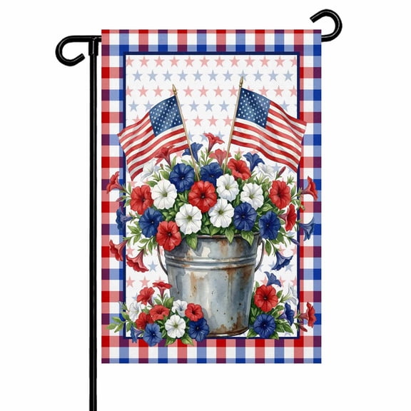 4th of July Garden Flags Patriotic Poppy Basket Garden Flag Double Sided Welcome Flag American Flag Star Plaid Independence Day Yard Flags for Outdoor Lawn Porch Memorial Day Decor 12x18 Inch
