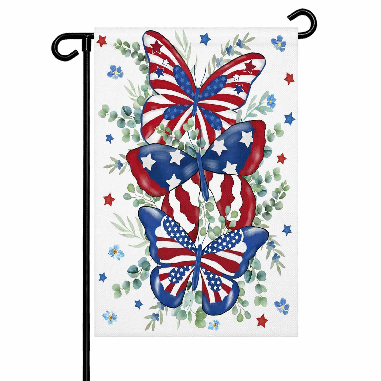 4th of July Garden Flags Patriotic Star Butterfly Garden Flag Double Sided Welcome Flag Eucalyptus Leaves Independence Day Yard Flags for Outdoor Lawn Porch Memorial Day Holiday Decor 28x40 Inch