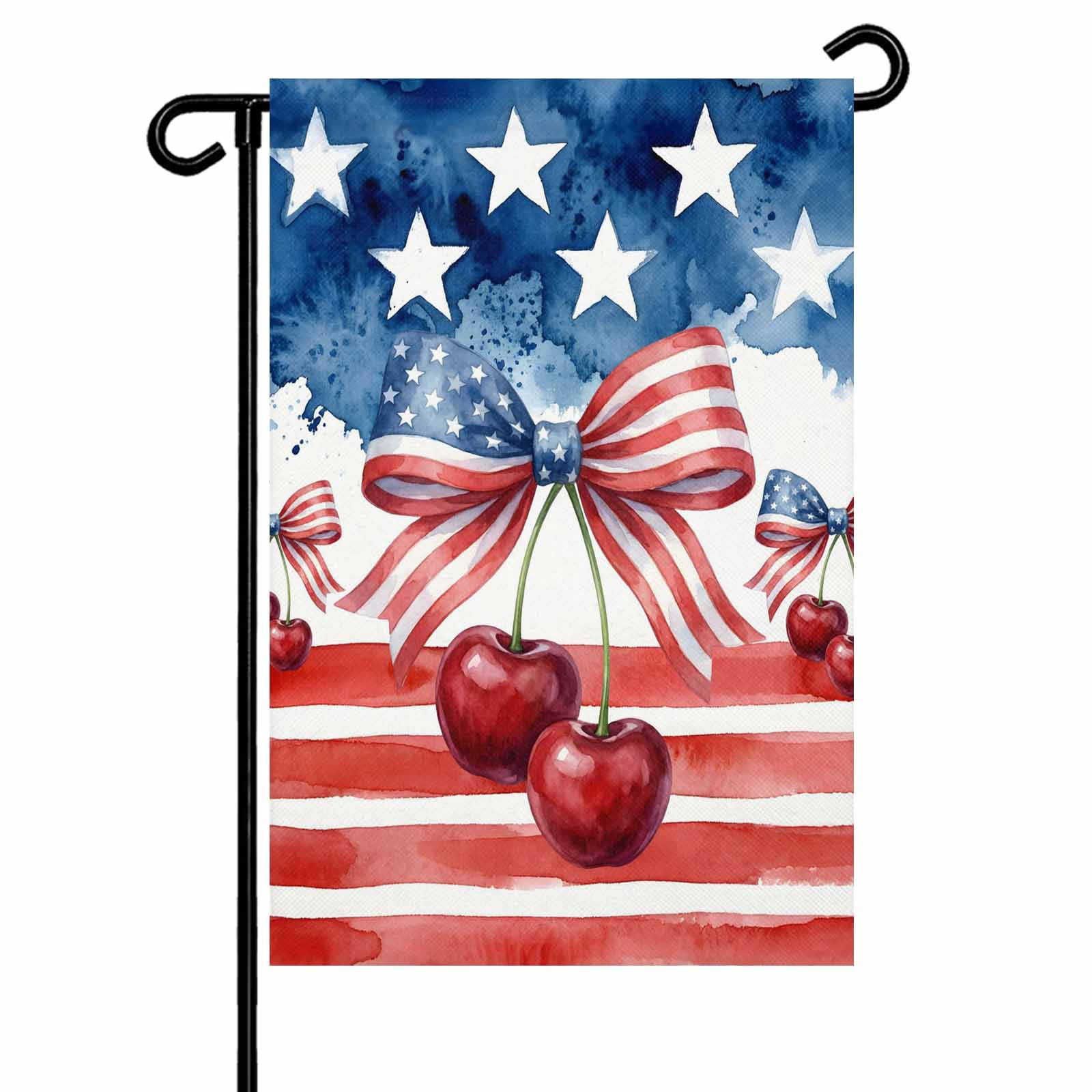 4th of July Garden Flags Patriotic Star Stripes Garden Flag Double Sided Welcome Flag Bow Tie Cherry Independence Day Yard Flags for Outdoor Lawn Porch Memorial Day Seasonal Holiday Decor 28x40 Inch