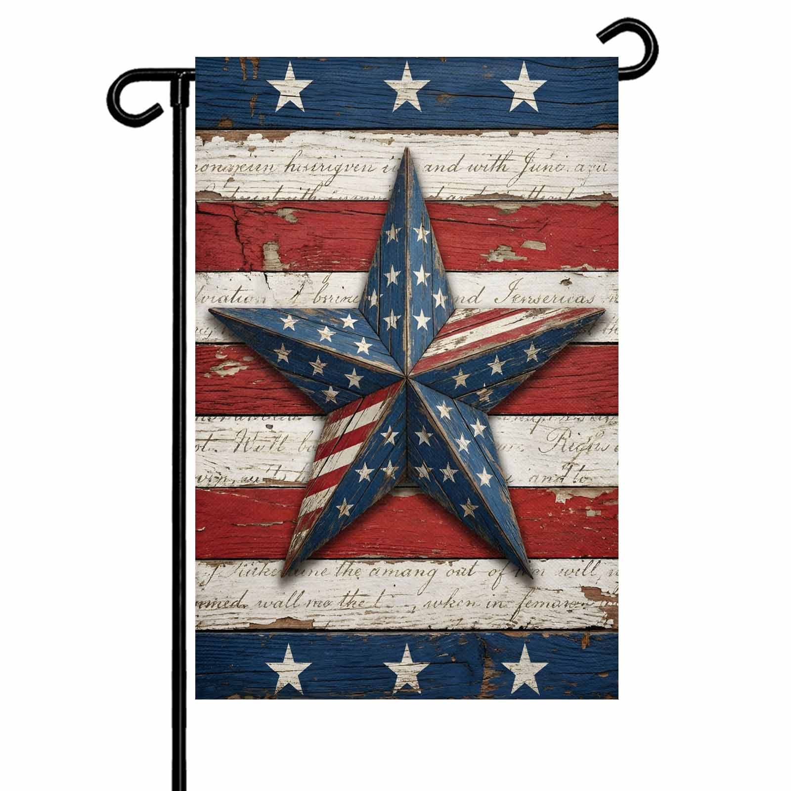 4th of July Garden Flags Patriotic Star Stripes Garden Flag Double Sided Welcome Flag Retro Wood Grain Independence Day Yard Flags for Outdoor Lawn Porch Memorial Day Holiday Decor 28x40 Inch