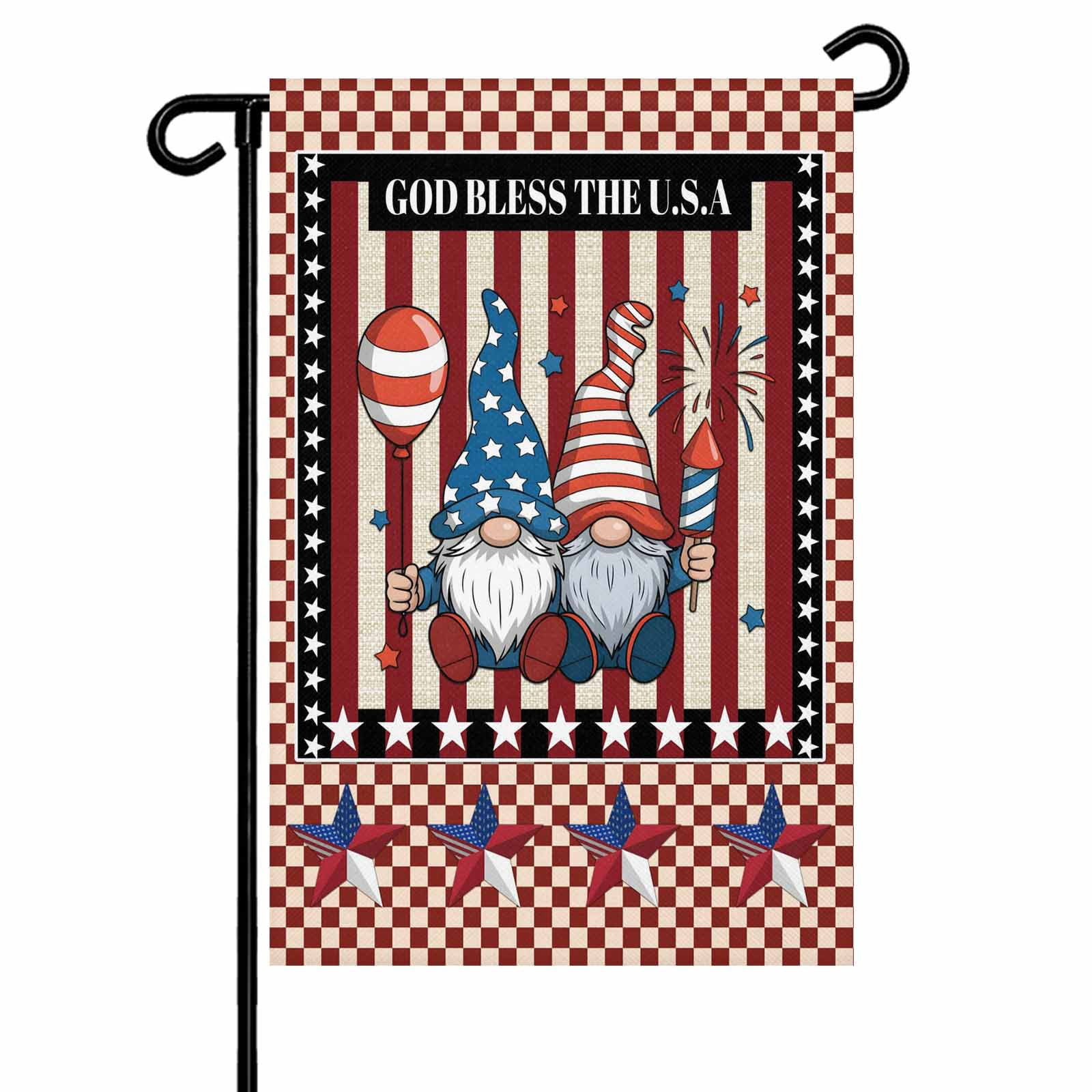4th of July Garden Flags Patriotic Stars Stripes Garden Flag Double Sided Welcome Flag Gnomes God Bless USA Independence Day Yard Flags for Outdoor Lawn Porch Memorial Day Holiday Decor 28x40 Inch