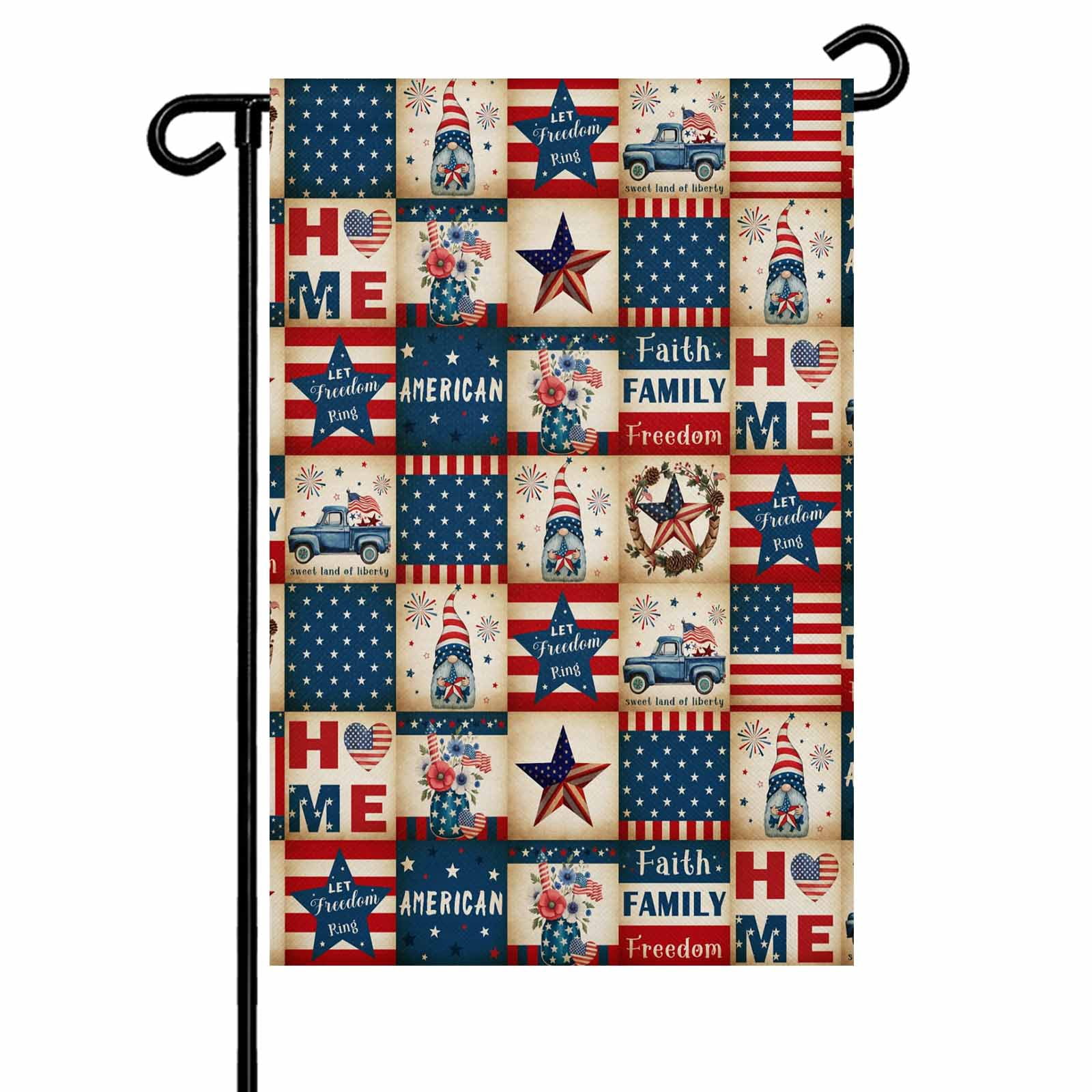4th of July Garden Flags Patriotic Stars USA Flag Garden Flag Double Sided Welcome Flag Blue Red White Stripes Gnome Independence Day Yard Flags for Outdoor Lawn Porch Memorial Day Decor 28x40 Inch