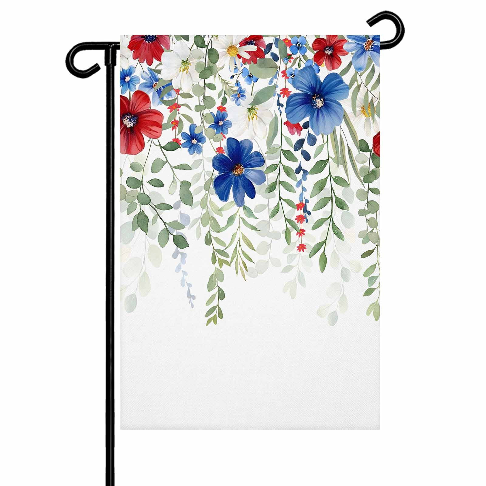4th of July Garden Flags Red Blue Floral Garden Flag Double Sided Welcome Flag Eucalyptus Leaf Branch Independence Day Yard Flags for Outdoor Lawn Porch Memorial Day Holiday Decor 28x40 Inch