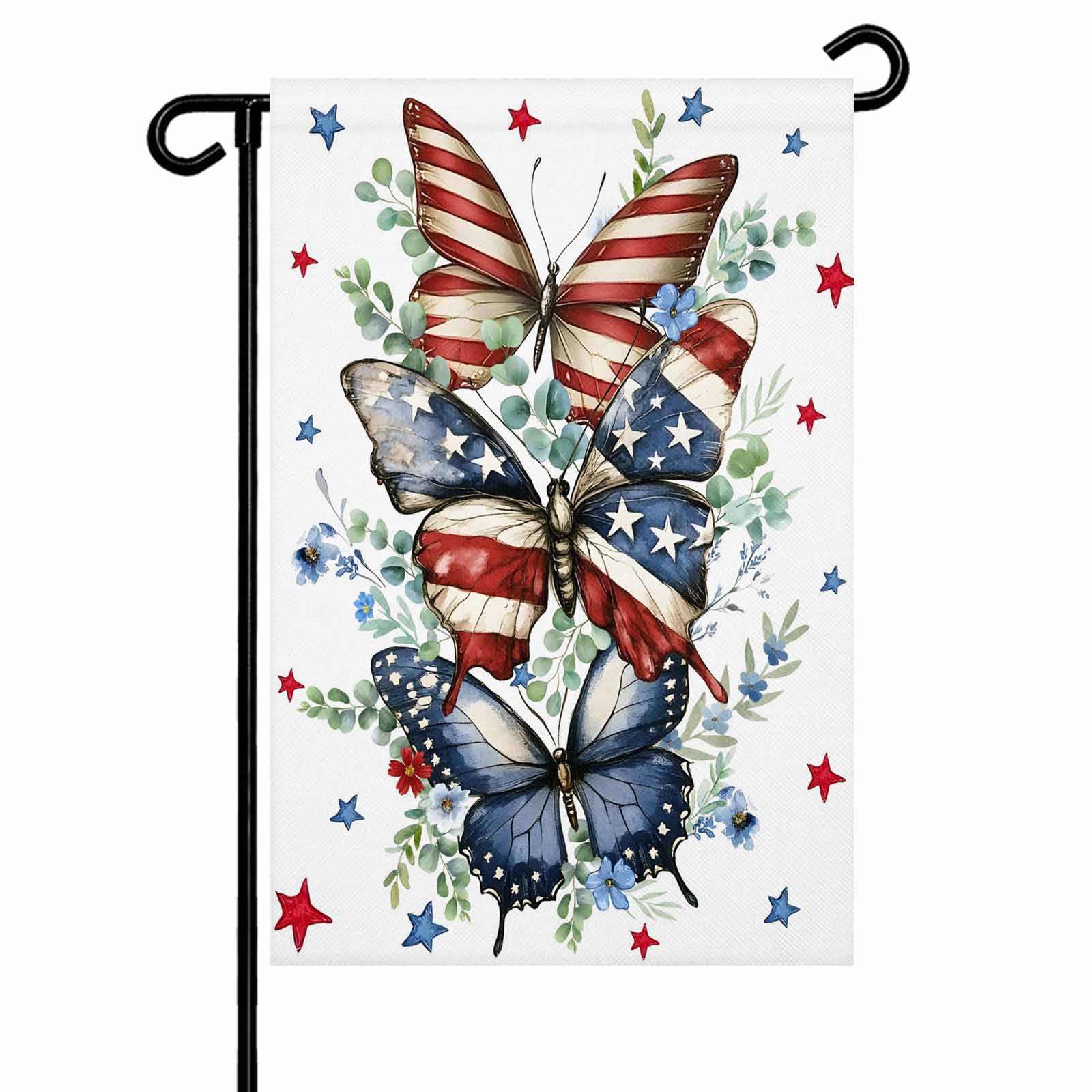 4th of July Garden Flags Red Blue Stars Butterfly Garden Flag Double Sided Welcome Flag Eucalyptus Leaves Independence Day Yard Flags for Outdoor Lawn Porch Memorial Day Holiday Decor 28x40 Inch