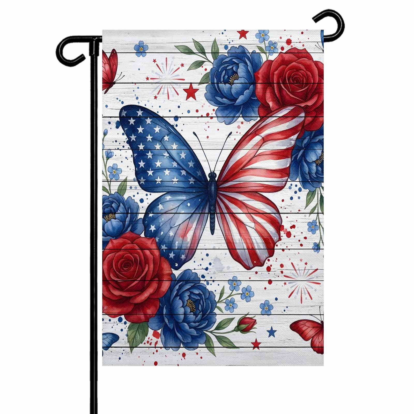 4th of July Garden Flags Red White Blue Butterfly Garden Flag Double Sided Welcome Flag Star Rose Flower Independence Day Yard Flags for Outdoor Lawn Porch Memorial Day Holiday Decor 28x40 Inch