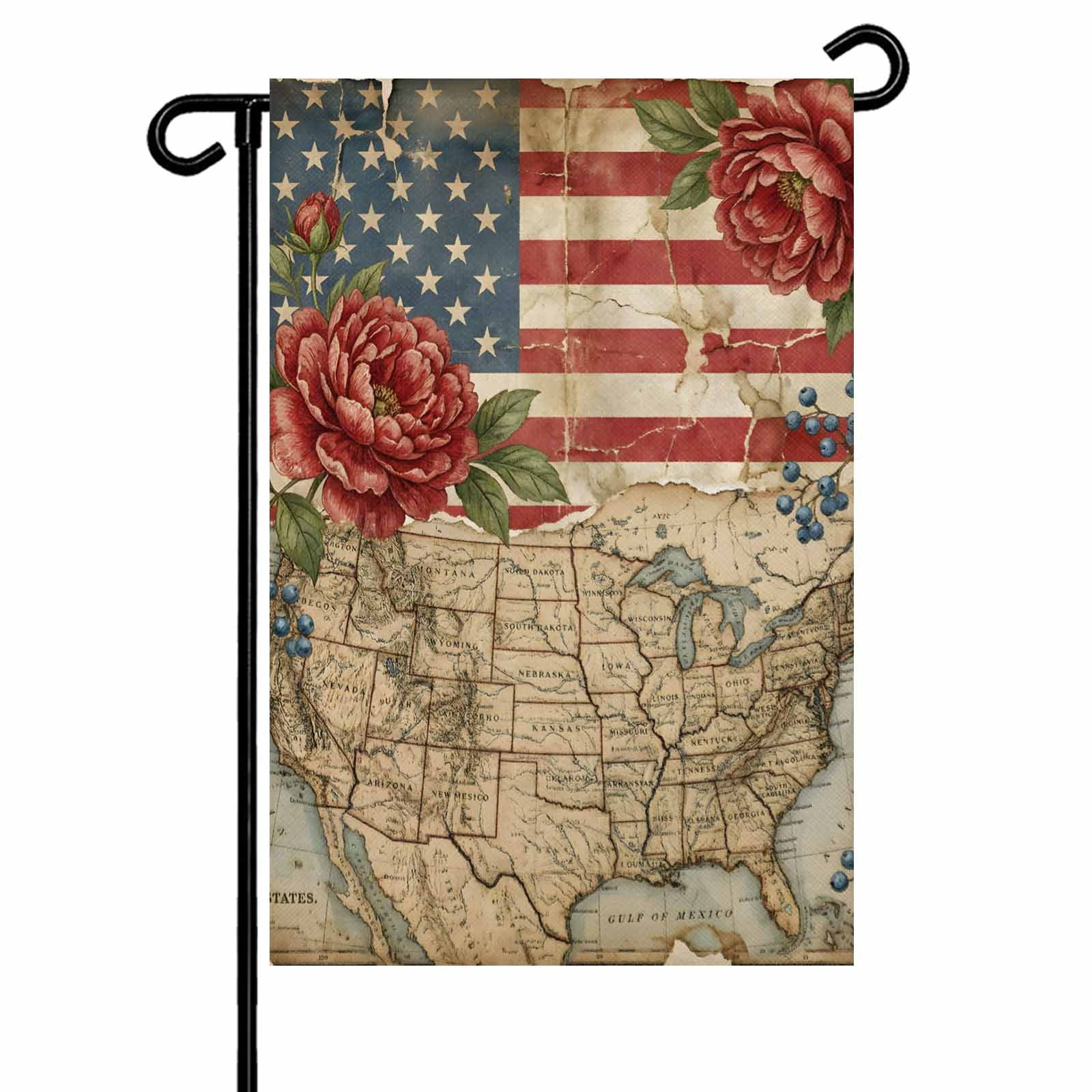 4th of July Garden Flags Retro American Flag Garden Flag Double Sided Welcome Flag Cottagecore Usa Map Red Peony Independence Day Yard Flags for Outdoor Lawn Porch Memorial Day Decor 28x40 Inch