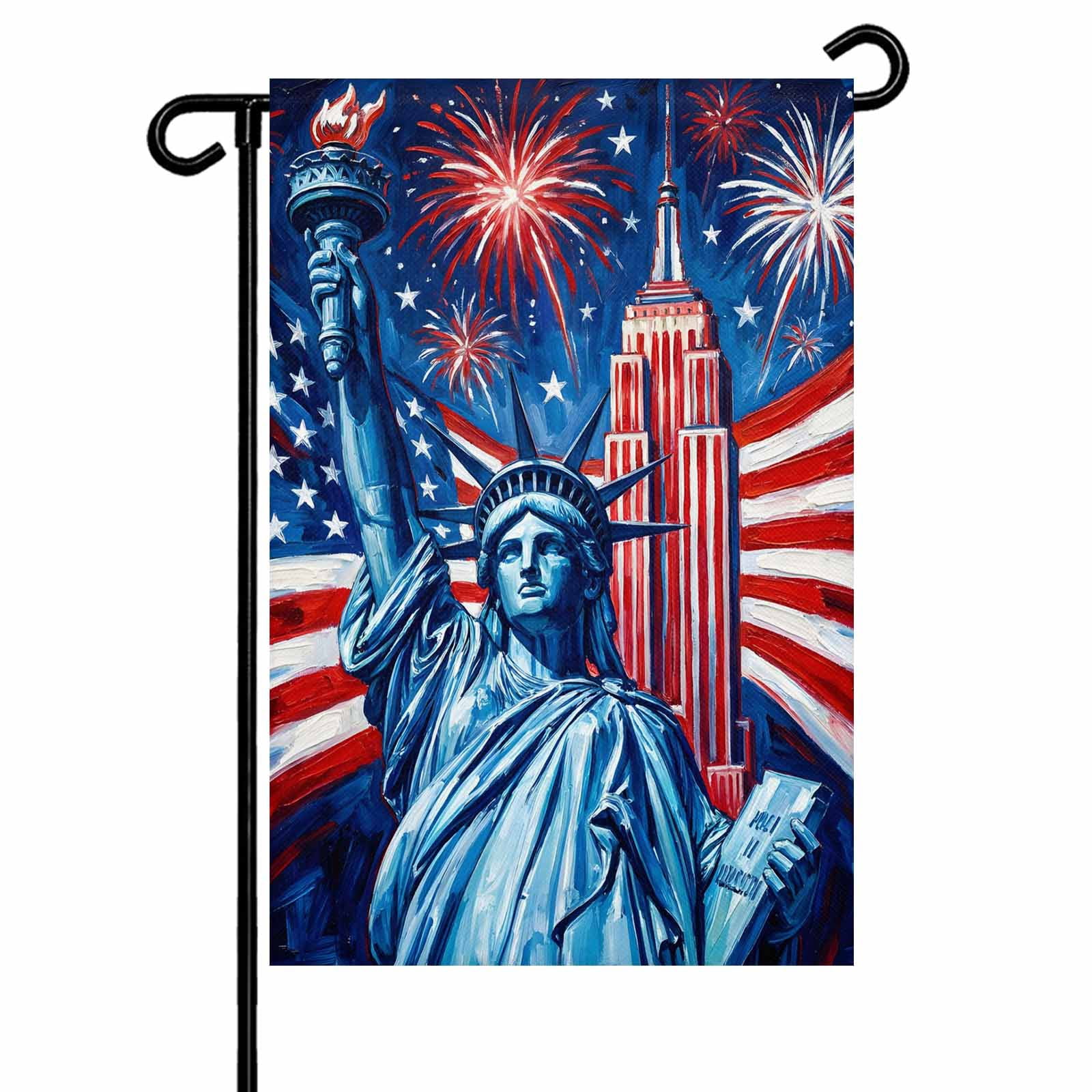 4th of July Garden Flags Statue of Liberty Garden Flag Double Sided Welcome Flag USA Flag Fireworks Cityscape Independence Day Yard Flags for Outdoor Lawn Porch Memorial Day Holiday Decor 28x40 Inch
