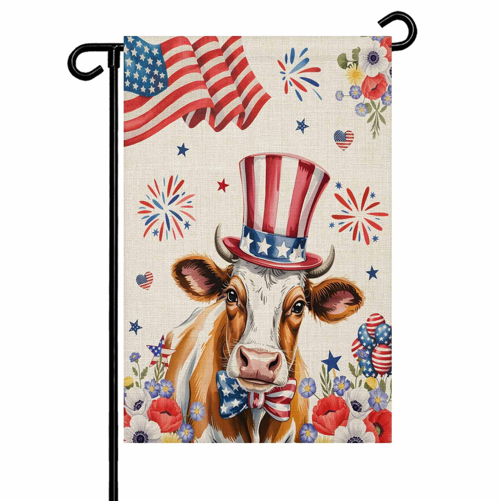 4th of July Garden Flags USA Flag Cow Garden Flag Double Sided Welcome Flag Stars Stripes Hat Fireworks Poppy Independence Day Yard Flags for Outdoor Lawn Porch Memorial Day Holiday Decor 28x40 Inch