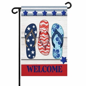 4th of July Garden Flags USA Flag Flip Flops Garden Flag Double Sided Welcome Flag Blue Stars Wood Grain Welcome Independence Day Yard Flags for Outdoor Lawn Porch Memorial Day Decor 28x40 Inch