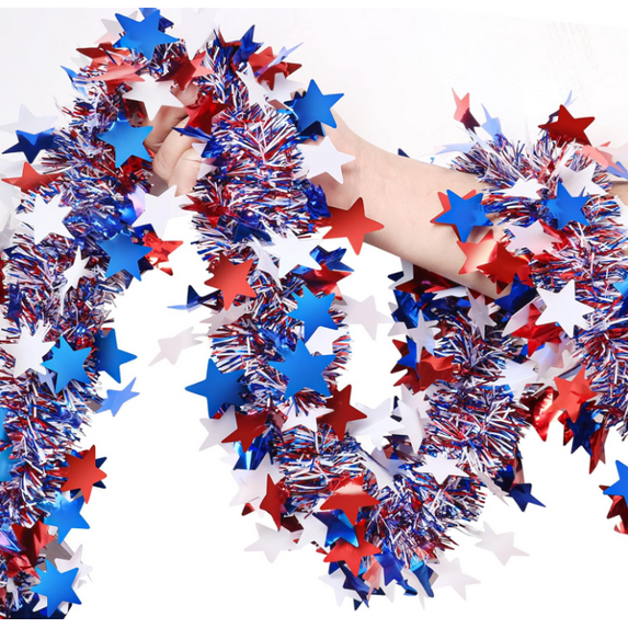 4th of July Garland Decorations,40Ft Glitter Tinsel Patriotic Decor for Tree Car Golf Cart Parade Float Bike Party Table Yard Door Boat Indoor Outdoor Holiday Home