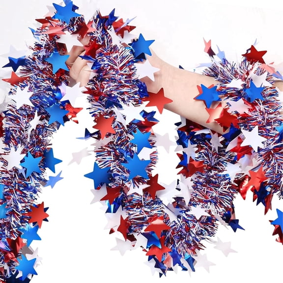 50FT Patriotic Tinsel Garland, Red White Blue 4th of July Decorations for Party Porch Mantel Indoor Outdoor Decor