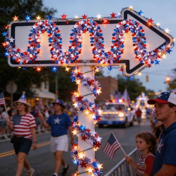4th of July Garland Decorations, 6.5Ft 10LED Glitter Tinsel Patriotic Decor for Tree Car Golf Cart Parade Float Bike Party Table Yard Door Boat Indoor Outdoor Holiday Home