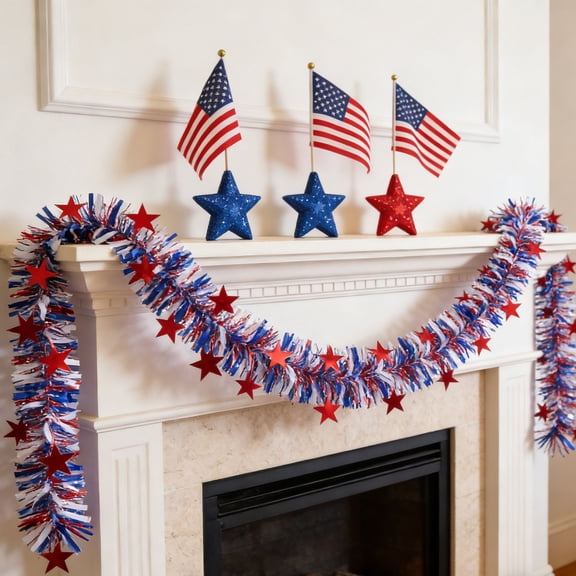 4th of July Garland Decorations,78.74in Glitter Tinsel Patriotic Decor for Tree Car Golf Cart Parade Float Bike Party Table Yard Door Boat Indoor Outdoor Holiday Home